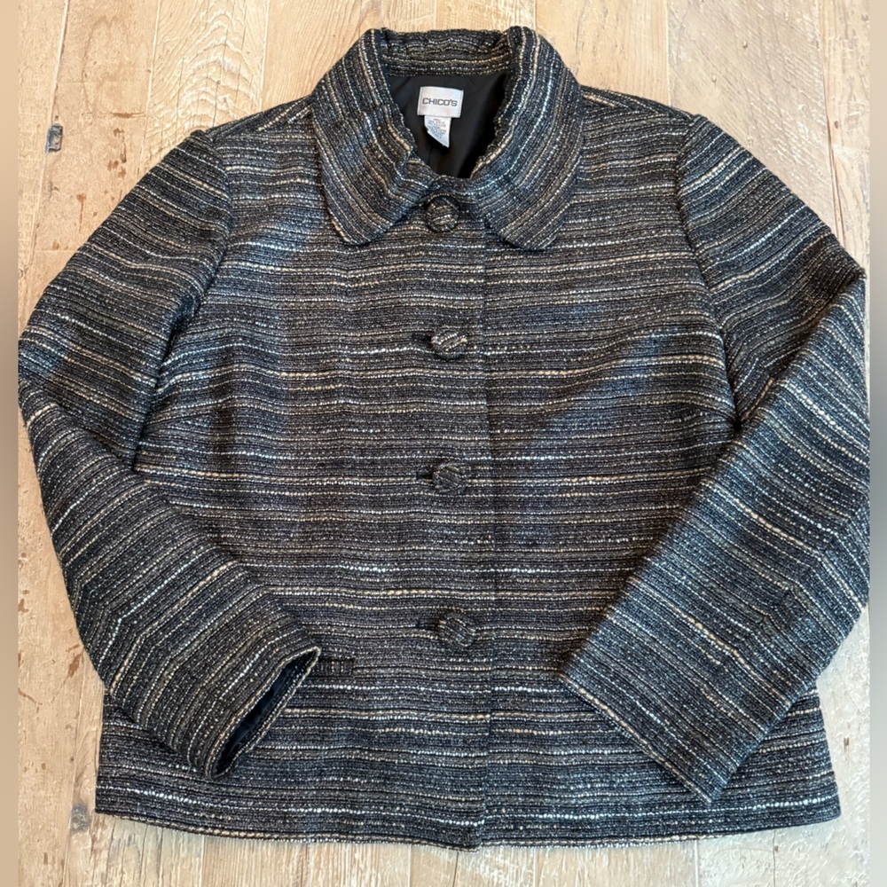 Chico's Women's Black Gray Striped Jacket  gathered collar Chicos size 2 (US 12)